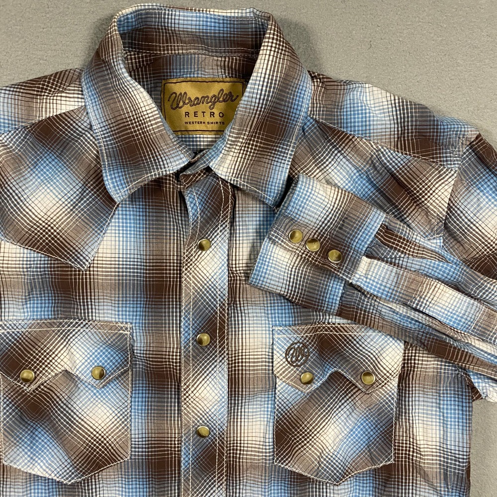 Wrangler Retro Western Shirt Mens Small Brown Blue Plaid Pearl Snap Long Sleeve